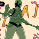 A green-suited, Star-visor-helmeted hero slashes up a monster with their magical spear.